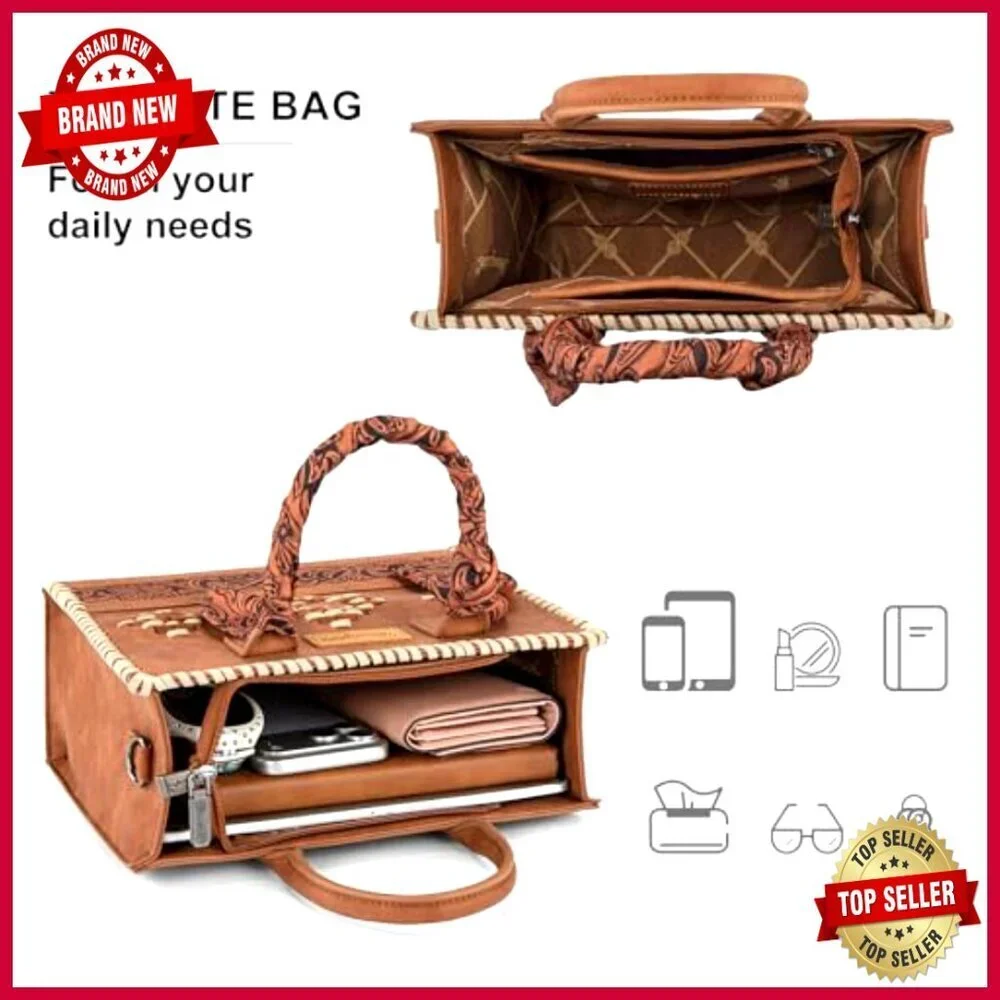 Leather Western Satchel Tote with Adjustable Strap, Multiple Compartments